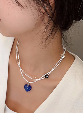 原创小众设计双层蓝色琉璃爱心锁骨链高级感2024新款爆款颈链