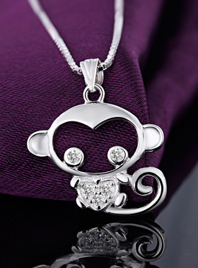 S925纯银猴子吊坠十二生肖猴年本命年时尚卡通爱心项链饰品