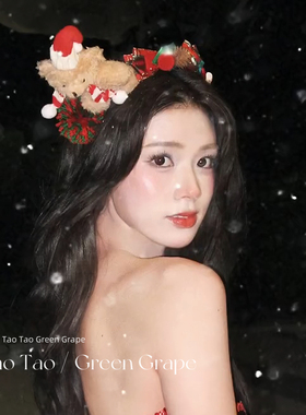可爱毛绒小熊圣诞节发箍女2025新款头箍红色蝴蝶结拍照头饰发饰
