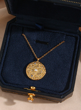 英国george melis欧美ins时尚硬币项坠锆石珍珠四芒星圆形吊坠