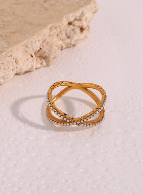 英国george melis欧美ins时尚简约轻奢指环手饰镀18k交叉圆微镶