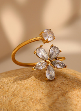 英国george melis欧美时尚气质个性小众手饰镀18k金锆石花朵开口