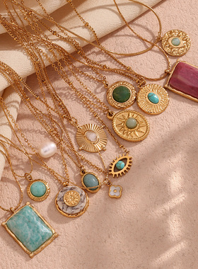 英国george melis欧美复古宫廷风高级镀18k金石眼睛贝壳项链女