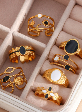 英国george melis欧美ins戒指黑白滴油太阳月亮星星三层开口戒