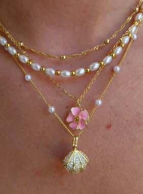 英国George Melis欧美复古钛钢高保色小花珍珠吊坠锁骨链多层叠