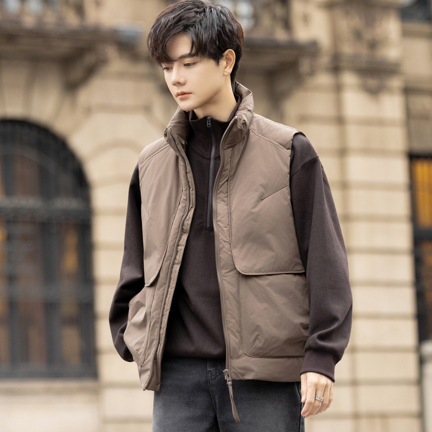 痞帅工装羽绒马甲男士秋冬加厚鸭绒保暖立领坎肩无袖鸭绒马夹外套,淘宝优惠券,粉丝福利购,淘宝优惠卷