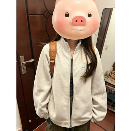 美式哈苏线立领开衫卫衣女春秋宽松慵懒风情侣运动外套棒球服上衣 - 图3