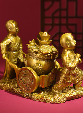 纯铜送财童子摆件推车童子推车送宝铜聚宝盆财运滚滚摆件客厅公司