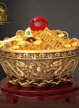 铜瑞祥纯黄铜聚宝盆五路财神聚宝盆摆件家用财招装饰品办公室店铺