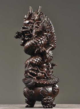 黑檀木雕十二生肖龙摆件聚宝盆盘龙家居风水吉祥物补角装饰工艺品