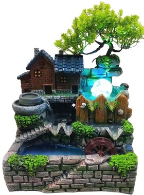 田园风格含小树房子假山流水喷泉办公室桌面盆景家居装饰流水摆件