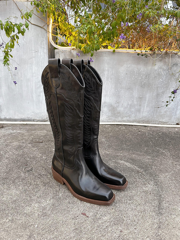 欢哥/高筒靴马皮西部靴电绣复古V口显瘦牛仔靴中跟女真皮长靴子,淘宝优惠券,粉丝福利购,淘宝优惠卷