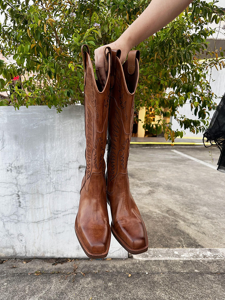 欢哥/高筒靴马皮西部靴电绣复古V口显瘦牛仔靴中跟女真皮长靴子,淘宝优惠券,粉丝福利购,淘宝优惠卷