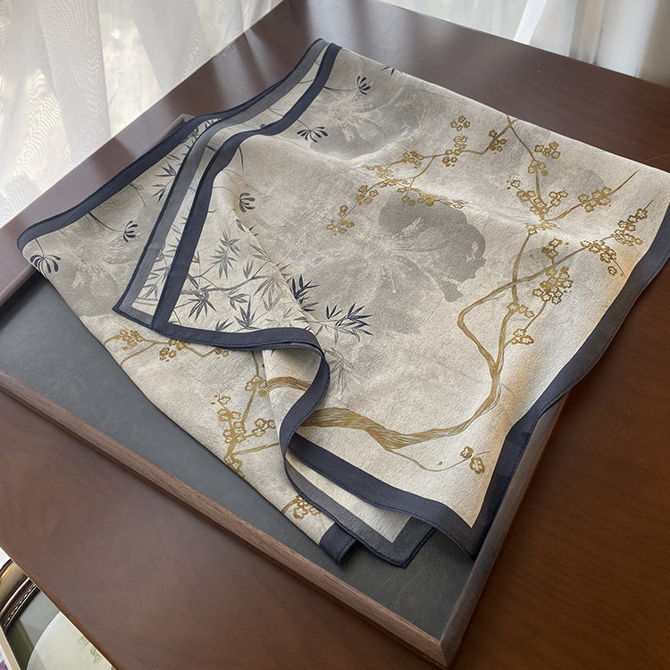 烟雨灰古意丝巾中国风素雅真丝围巾春秋薄款文艺女桑蚕丝纱巾窄版,淘宝优惠券,粉丝福利购,淘宝优惠卷