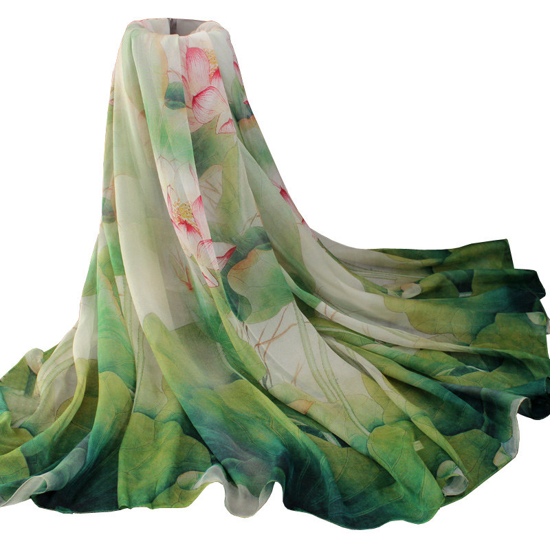 高雅致莲花春夏大丝巾真丝薄披肩围巾桑蚕丝绿色荷花文艺女春秋冬,淘宝优惠券,粉丝福利购,淘宝优惠卷