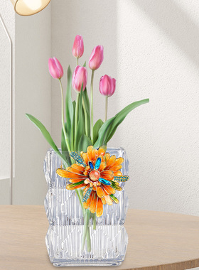 珐琅彩向日葵玻璃花瓶家用客厅餐厅书房客房花瓶摆件家居装饰品