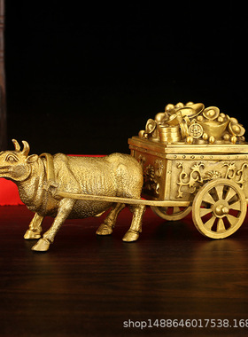 纯铜牛拉车摆件 开盖金牛拉财 聚宝盆生肖牛家居玄关办公室工艺品