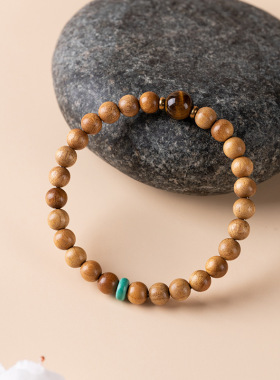 金丝楠木绿松石单圈手串黄虎眼石男女款复古盘玩木质佛珠百搭手链