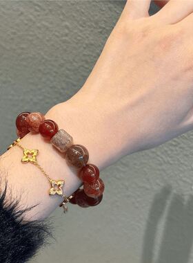 【一路长红】天然红玛瑙手链黑金超七转运胶花手串女款本命年招财