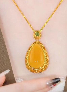 新款黄色水滴面吊坠项链女国潮宫廷风女挂坠秋冬毛衣项链女配饰