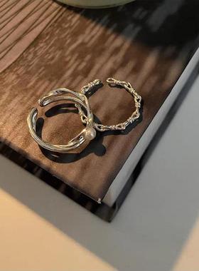 日系素圈套装戒指女时尚个性冷淡风尾戒开口可调节食指关节戒