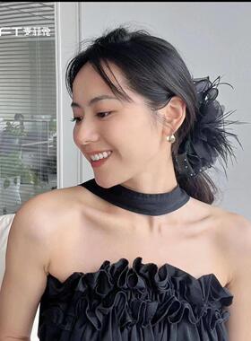 设计感网纱羽毛抓夹百搭气质发饰盘发夹子头饰爆款黑色头花鲨鱼夹