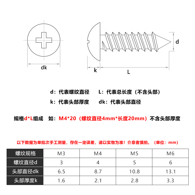 M3M4M5M6 201不锈钢TA十字大扁头自攻螺丝尖尾*x10x16x20x25x30mm - 图1