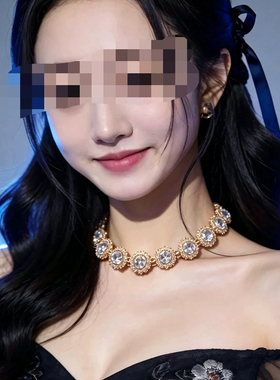 韩系复古宫廷风灰色水晶锁骨链女 做旧合金花边短项链气质配饰