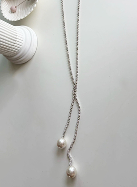 韩系 Y 型水钻双珍珠长项链毛衣链女两用闪钻锁骨链秋冬配饰