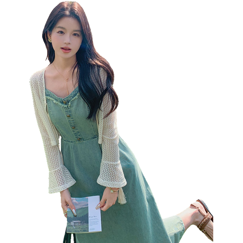 现货优质精品疯狂促销甩卖实拍2024夏装新款女装牛仔连衣裙两件套