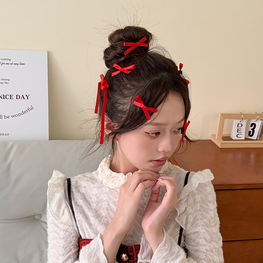 8个装丝带蝴蝶结发夹ins芭蕾风红色发饰氛围感新年刘海夹子头饰女