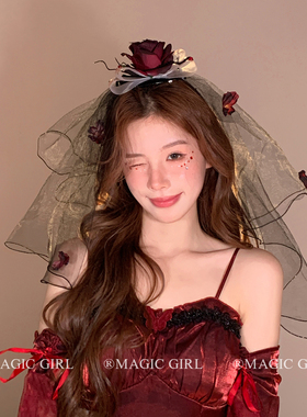 氛围感干枯玫瑰花朵蝴蝶结头纱女复古绝美鬼新娘网纱发饰暗黑发夹