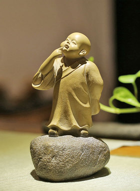 中式桌面装饰 台湾铁丸石禅趣小沙弥无我 一角禅石愿系列创意摆件