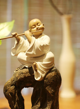春晓 望乡 创意摆件台湾铁丸石禅趣小沙弥可爱小和尚工艺礼品收藏