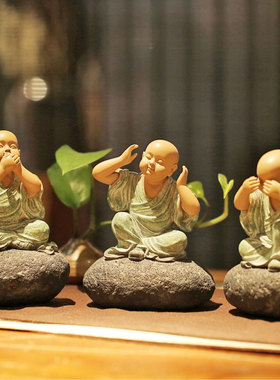 高档创意禅趣礼品 一角禅铁丸石小沙弥三不勿听/勿视/勿语