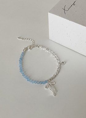 蓝色水晶串珠碎银子蝴蝶结项链女小众个性简约百搭气质颈链锁骨链