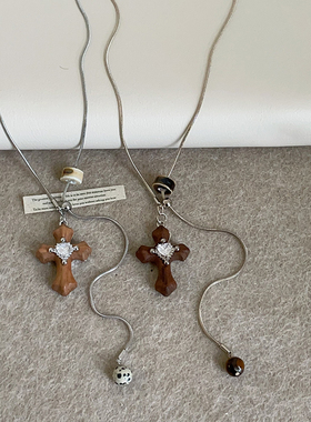 复古轻奢木质十字架天然石抽拉项链女高级感个性时尚颈链毛衣链