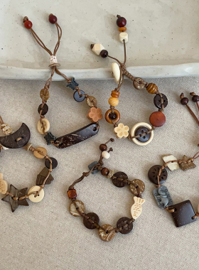 复古民族风木质花朵小鱼星星编绳手链女轻奢个性潮流百搭手环手饰