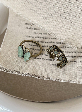 中古风轻奢高级感滴油蝴蝶花朵开口戒指女个性独特时尚指环戒子