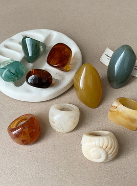 复古不规则彩色树脂宽版戒指扳指女夸张小众独特时尚百搭指环戒子