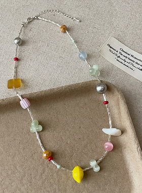 甜美多巴胺不规则串珠花朵柠檬项链女清新简约时尚百搭颈链锁骨链