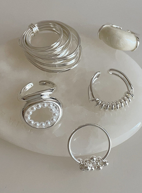 夸张设计感多层线圈缠绕珍珠几何戒指女个性小众时尚潮流指环戒子