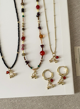 复古轻奢天然石串珠樱桃吊坠项链耳环女高级感气质时尚颈链锁骨链