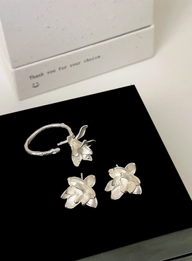 小众设计感哑光金属鸢尾花耳钉女小众复古气质百搭耳环耳饰戒指