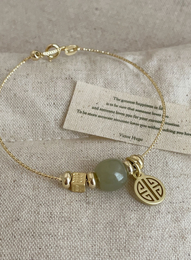 国潮绿色天然石福牌抽拉手链女轻奢复古个性潮流时尚百搭手环手饰