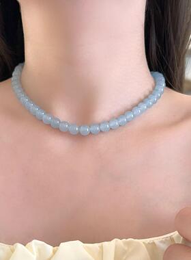 天然石手工串珠海蓝宝色项链女小众设计感清新时尚百搭颈链锁骨链