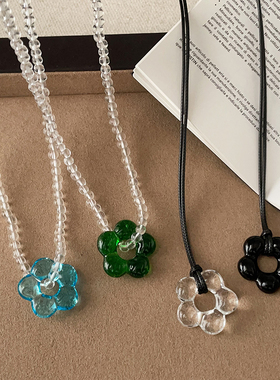 高级感彩色琉璃花朵串珠黑绳项链女小众气质清新时尚颈链锁骨链