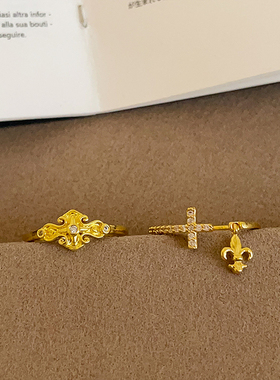 金色鸢尾花锆石十字架戒指女轻奢复古潮流时尚气质百搭指环戒子