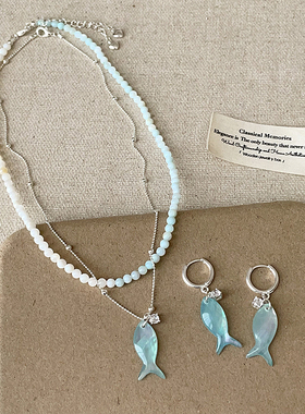 幻彩蓝色贝壳小鱼吊坠项链小众设计感清新时尚潮流气质颈链锁骨链