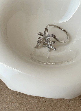 简约金属兰花开口戒指女设计感气质独特个性时尚潮流百搭指环戒子